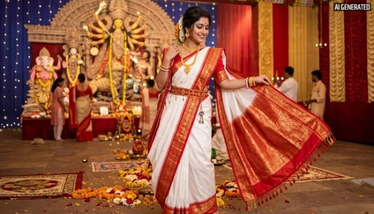 दुर्गा पूजा पर खास है लाल-सफेद साड़ी, बिंदी के साथ निखरेगा स्टाइल