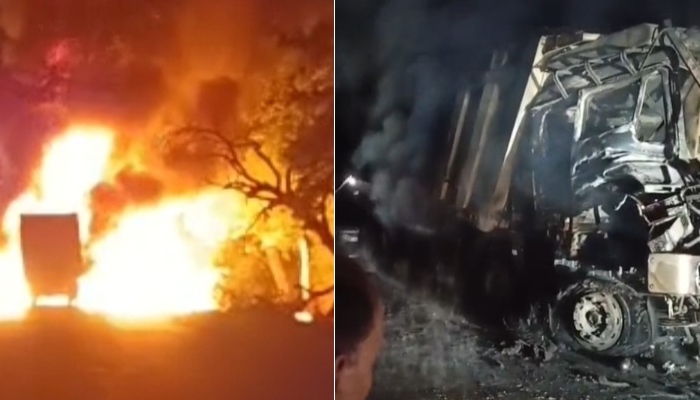 यूपी के हमीरपुर में दो डंपरों में जोरदार भिड़ंत के बाद लगी आग, जिंदा जला खलासी, चालक घायल